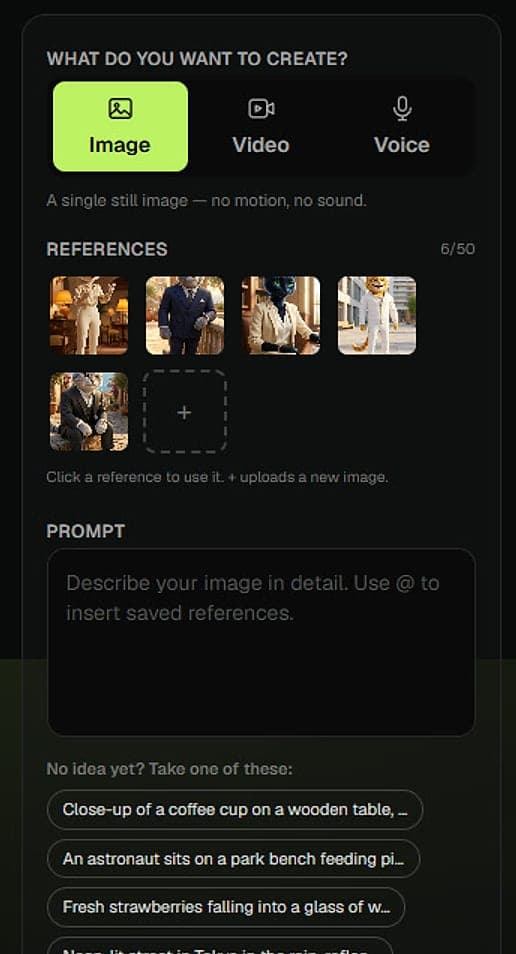 A look inside the AI Studio: the input panel with prompt field and reference images, next to the finished result