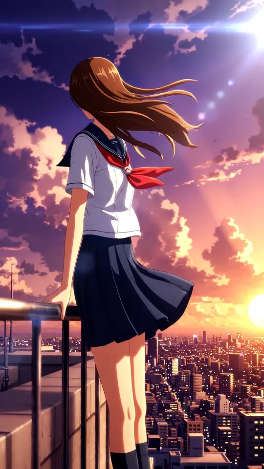 Anime: rooftop at sunset